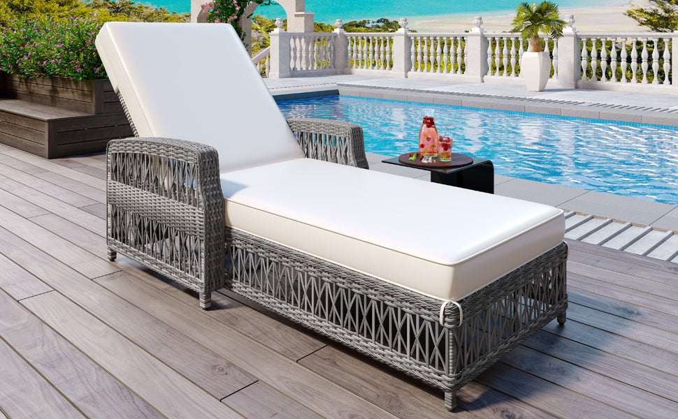 GO Outdoor Long Reclining Chaise, Wicker Lounge With Armrests, Patio Adjustable Recliner With Soft Removable Cushions, All Weather Rattan Pool Lounge For Poolside &amp; Garden, Beige