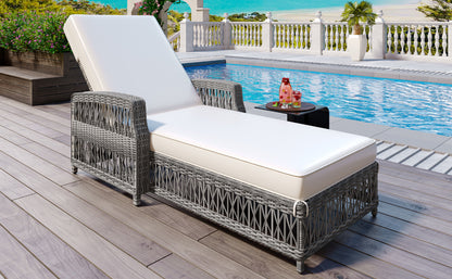 GO Outdoor Long Reclining Chaise, Wicker Lounge With Armrests, Patio Adjustable Recliner With Soft Removable Cushions, All Weather Rattan Pool Lounge For Poolside &amp; Garden, Beige