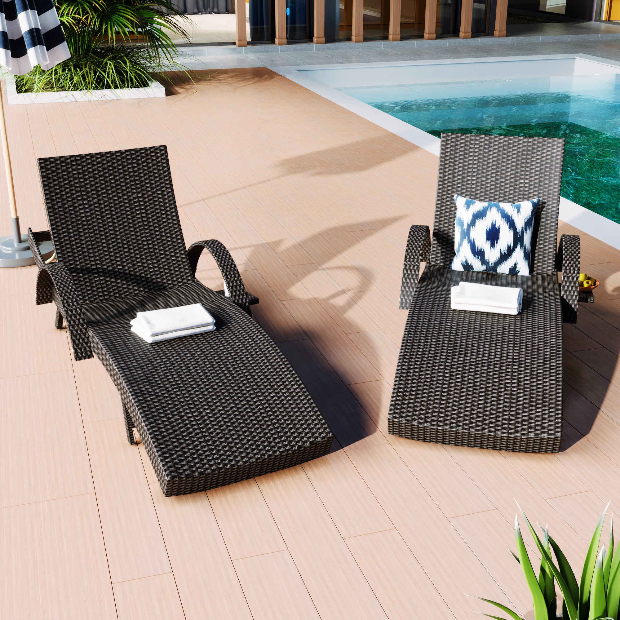K&amp;K 80in Outdoor Wicker Chaise Lounge Chairs Set Of 2, Patio Rattan Reclining Chair Pull-out Side Table W  5-Level Adjustable Backrest Ergonomic Wave Design Pool Sunbathing Recliners, Black