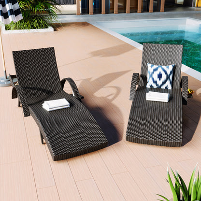K&amp;K 80in Outdoor Wicker Chaise Lounge Chairs Set Of 2, Patio Rattan Reclining Chair Pull-out Side Table W  5-Level Adjustable Backrest Ergonomic Wave Design Pool Sunbathing Recliners, Black