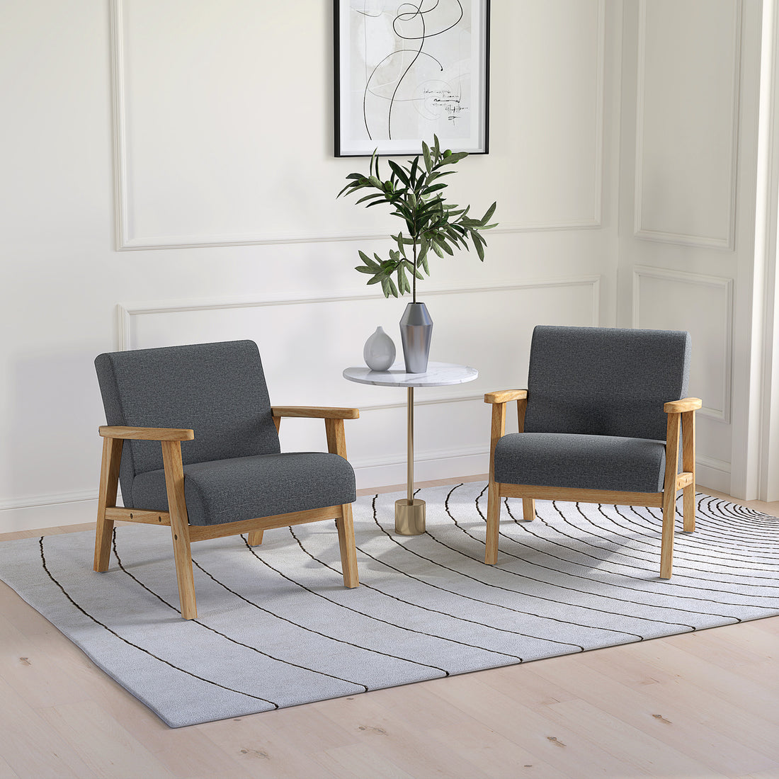 Set Of 2 Accent Armchair, Living Room Chair, Wooden Upholstered Single Lounge Chair With Rubber Wood Legs And Padded Seat, Leisure Sofa Chair For Bedroom Office, Dark Grey