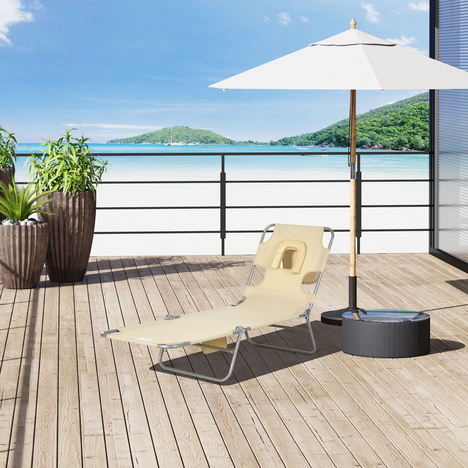 Folding Outdoor Chaise Lounge Sun Tanning Chair With Face Cavity, Pillow, 5-level Adjustable For Beach, Pool, Beige