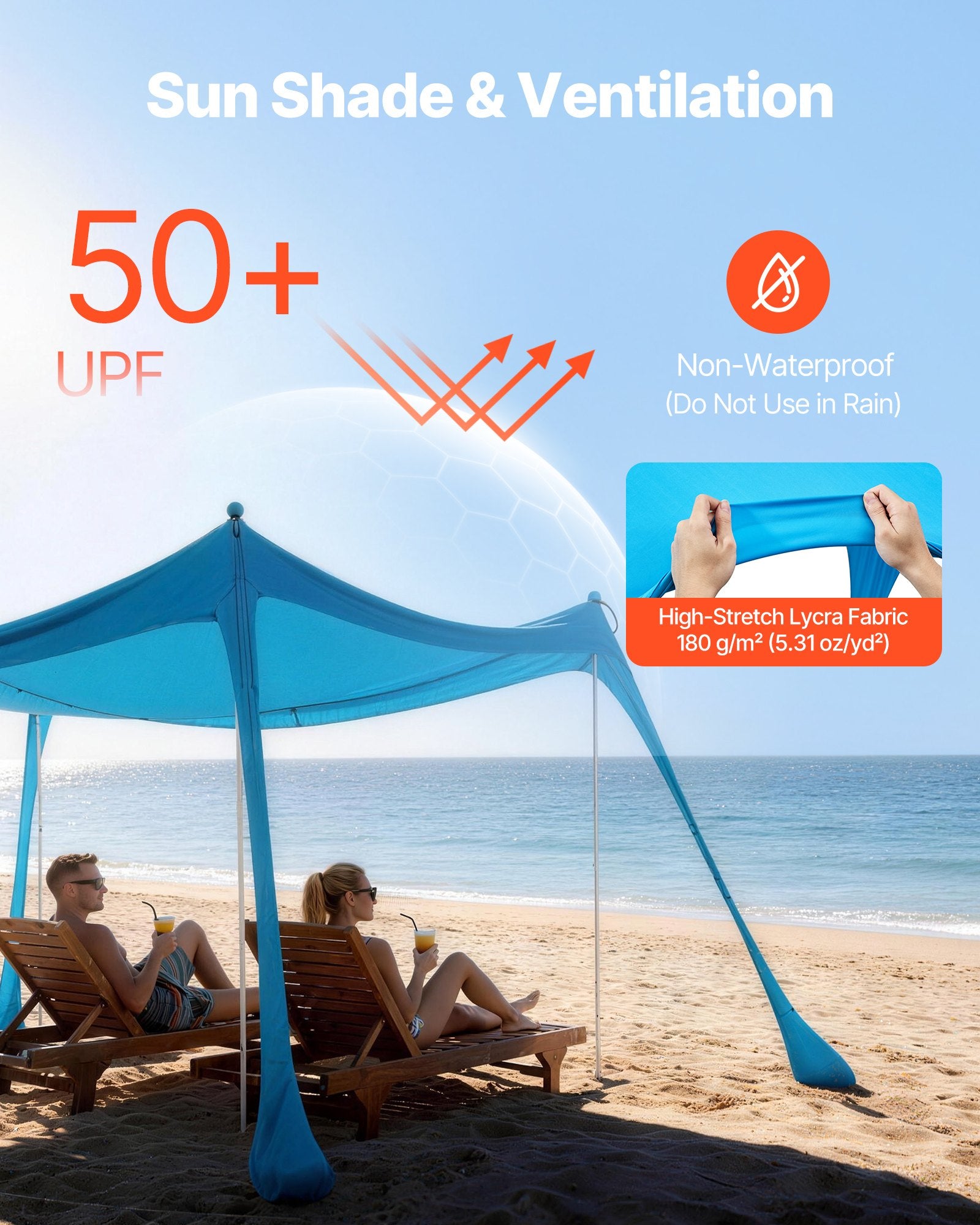 Beach Tent Sun Shelter, UPF50+ Sun Protection, 6.6 Ft Tall, 10x10 Ft, Easy Pop Up Beach Canopy With 4 Sandbags, Stability Poles, Sand Shovels, Portable Shade For Family Outings, Camping, Fishing