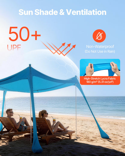 Beach Tent Sun Shelter, UPF50+ Sun Protection, 6.6 Ft Tall, 10x10 Ft, Easy Pop Up Beach Canopy With 4 Sandbags, Stability Poles, Sand Shovels, Portable Shade For Family Outings, Camping, Fishing