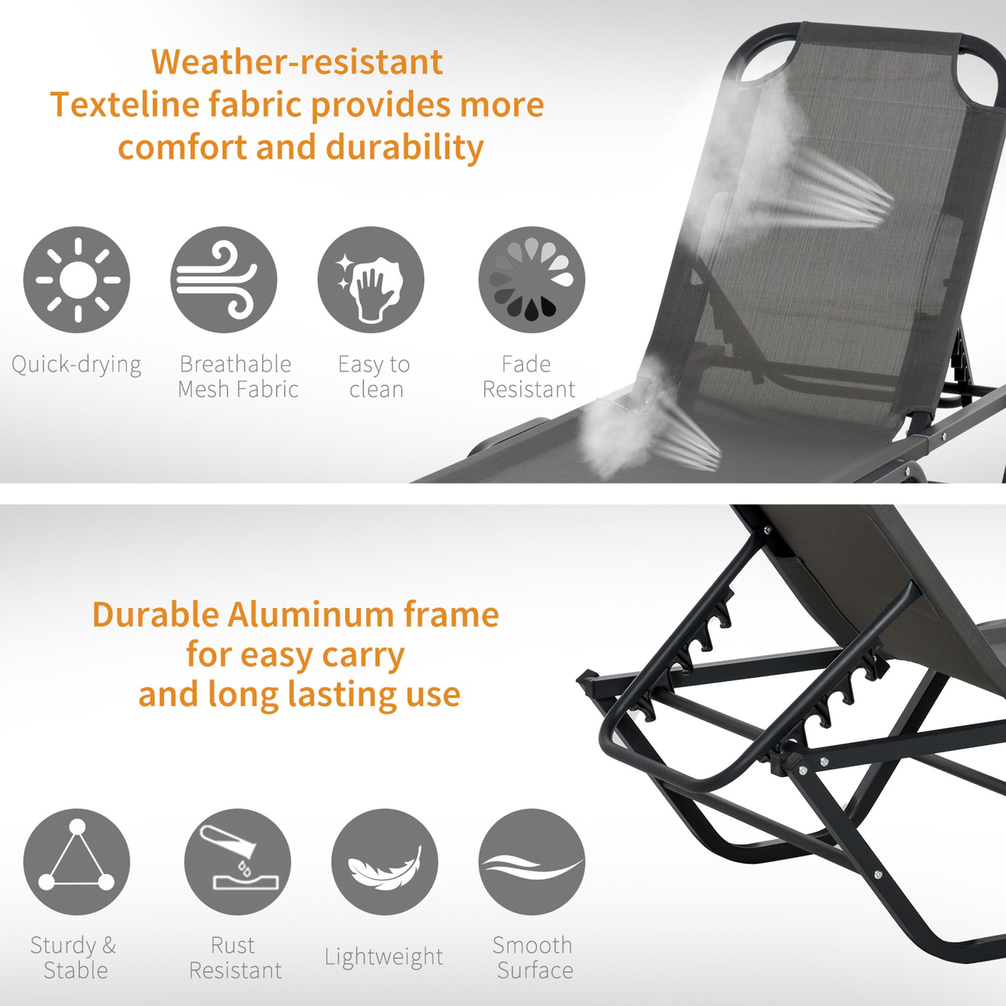 Sun Lounger Relaxed Recliner With 5-Position Adjustable Backrest Aluminium Frame For Pool, Sun Bathing, Grey