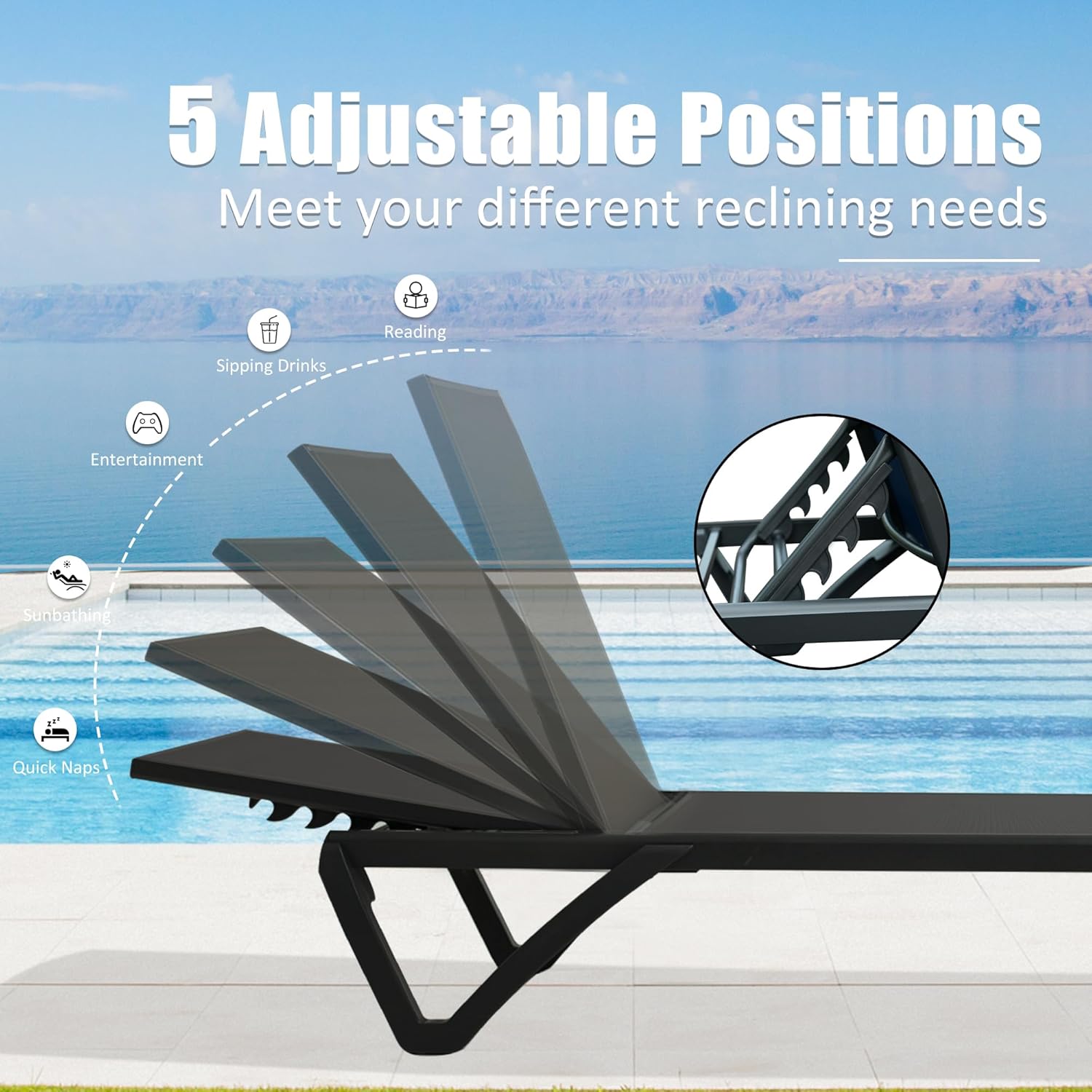 Pool Lounge Chairs Set Of 2, Aluminum Adjustable Outdoor Chaise Lounge With Wheels, All Weather Poolside Chairs For Deck Lawn Patio Backyard, Textilene - Dark Gray