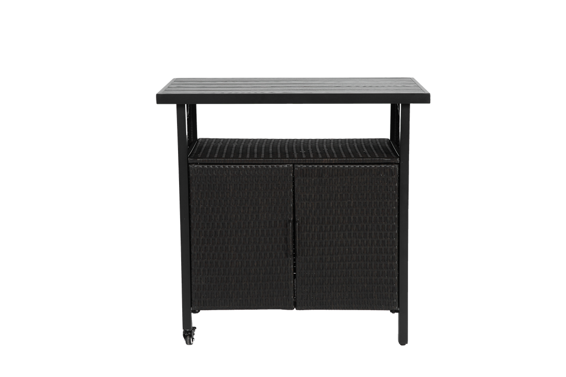Outdoor Wicker Bar Cart, Patio Wine Serving Cart W Wheels , Rolling Rattan Beverage Bar Counter Table W Glass Top For Porch Backyard Garden Poolside Party, Black