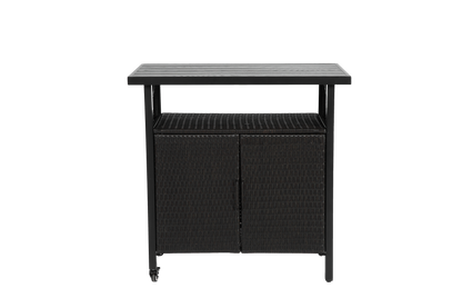 Outdoor Wicker Bar Cart, Patio Wine Serving Cart W Wheels , Rolling Rattan Beverage Bar Counter Table W Glass Top For Porch Backyard Garden Poolside Party, Black