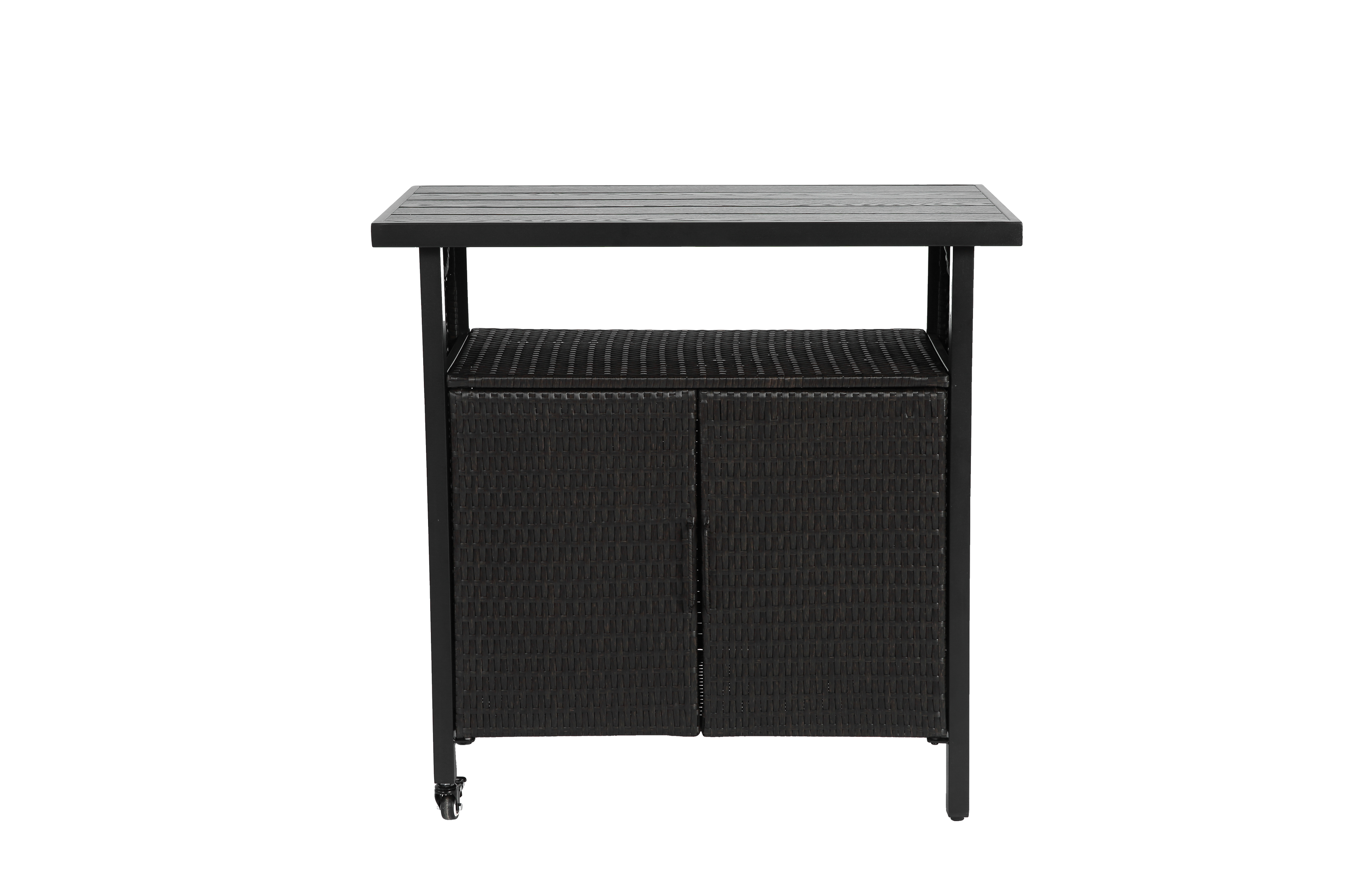Outdoor Wicker Bar Cart, Patio Wine Serving Cart W Wheels , Rolling Rattan Beverage Bar Counter Table W Glass Top For Porch Backyard Garden Poolside Party, Black