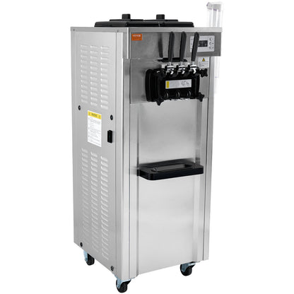 1850W Commercial Soft Ice Cream Machine 3 Flavors 5.3 To 7.4Gallon Per Hour PreCooling At Night Auto Clean LCDPanel For Restaurants Snack Bar, Sliver
