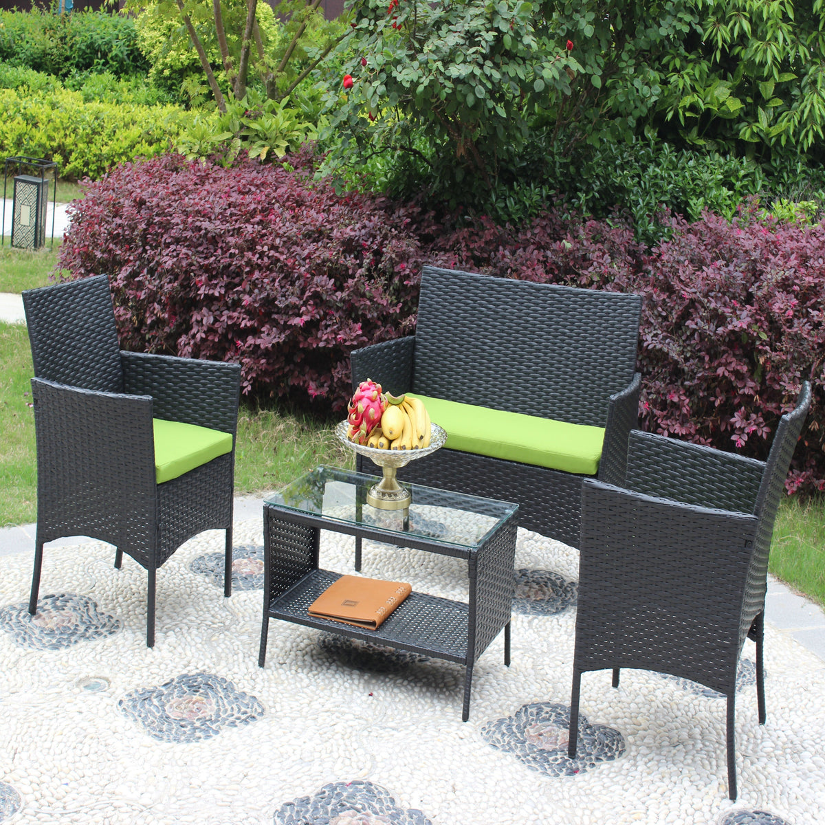 4 PC Rattan Patio Furniture Set with Cushions - Black and Green
