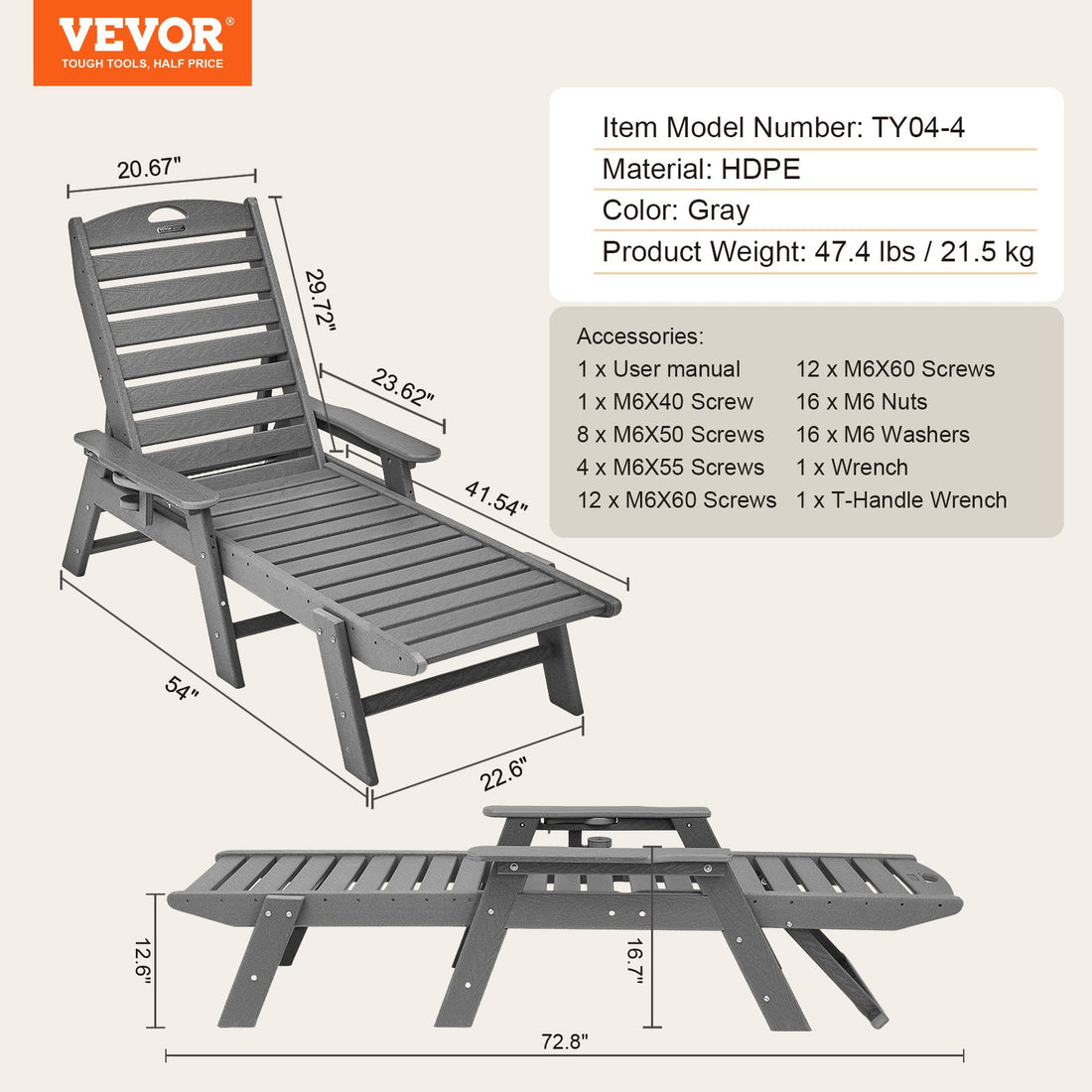 Outdoor Chaise Lounge Chair 6 Position Adjustable Reclining Bench Lounger Gray