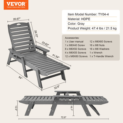 Outdoor Chaise Lounge Chair 6 Position Adjustable Reclining Bench Lounger Gray