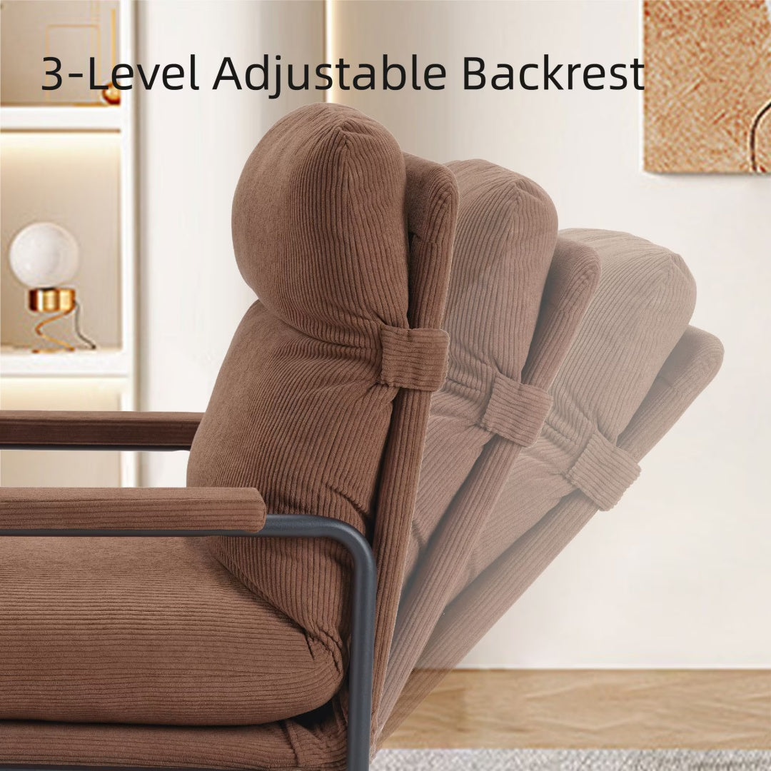 Modern Accent Chair, Reclining Chair With Adjustable Backrest, Corduroy Chair With Metal Frame, Reading Chair, Comfy Lounge Chair For Living Room, Bedroom, Office, Brown