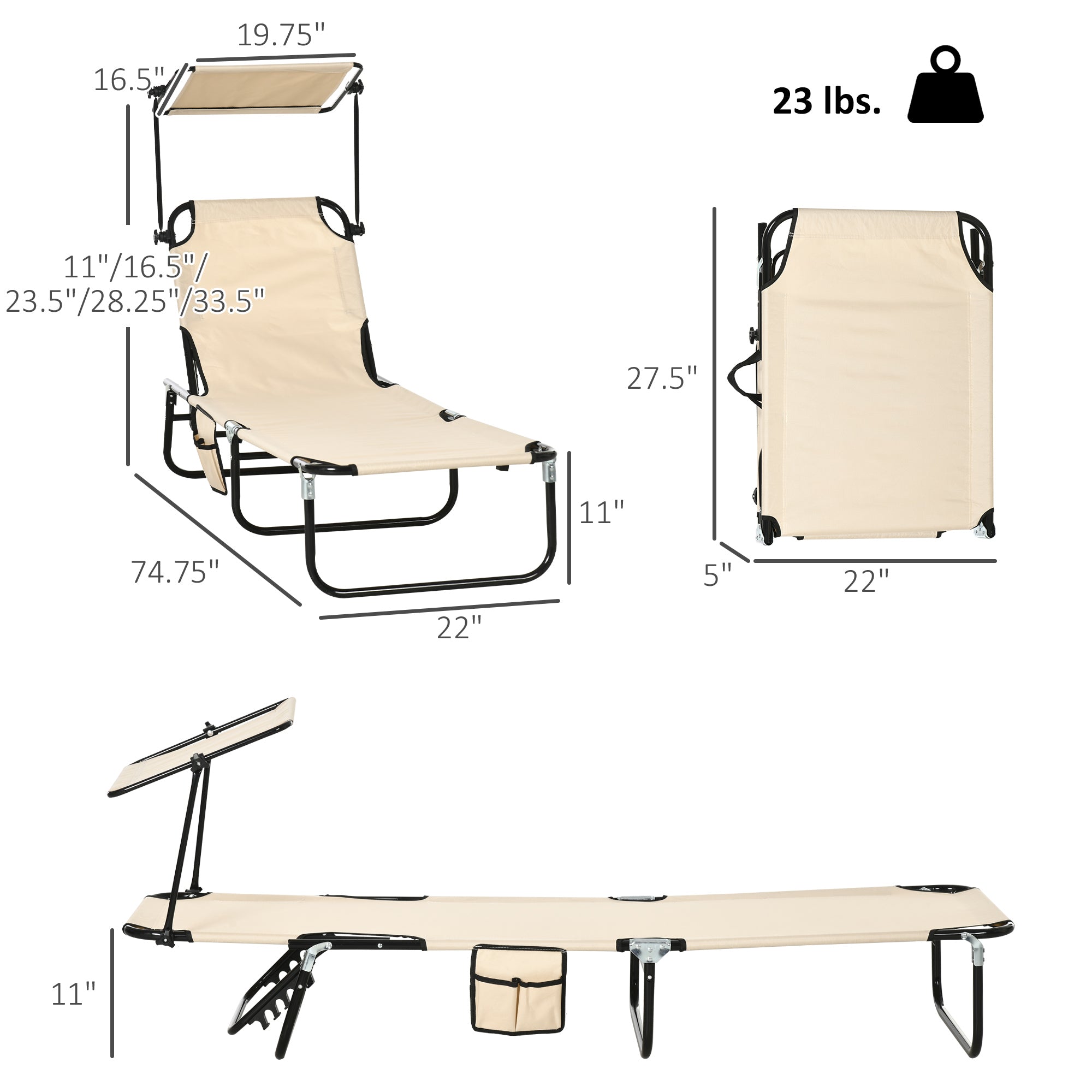 Folding Chaise Lounge Pool Lounge Chairs Set of 2, Outdoor Sun Tanning Chairs with Canopy Shade, Reclining Back, Steel Frame and Side Pocket for Beach, Yard, Patio, Tan