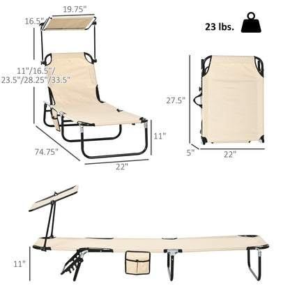 Folding Chaise Lounge Pool Lounge Chairs Set of 2, Outdoor Sun Tanning Chairs with Canopy Shade, Reclining Back, Steel Frame and Side Pocket for Beach, Yard, Patio, Tan