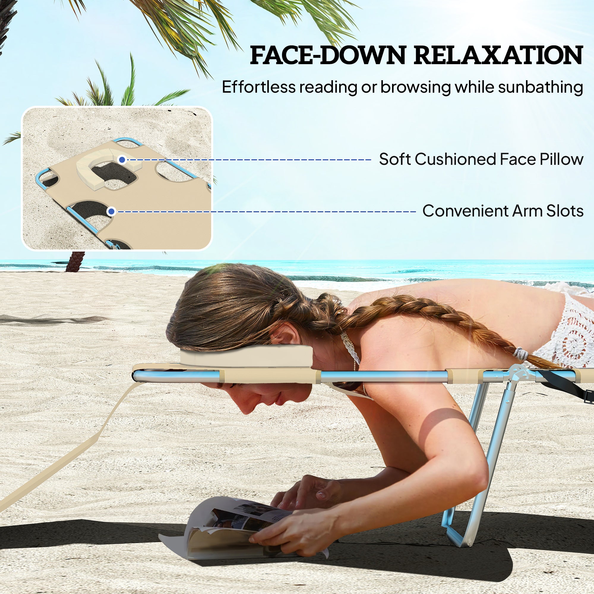 Folding Outdoor Chaise Lounge Sun Tanning Chair With Face Cavity, Pillow, 5-level Adjustable For Beach, Pool, Beige