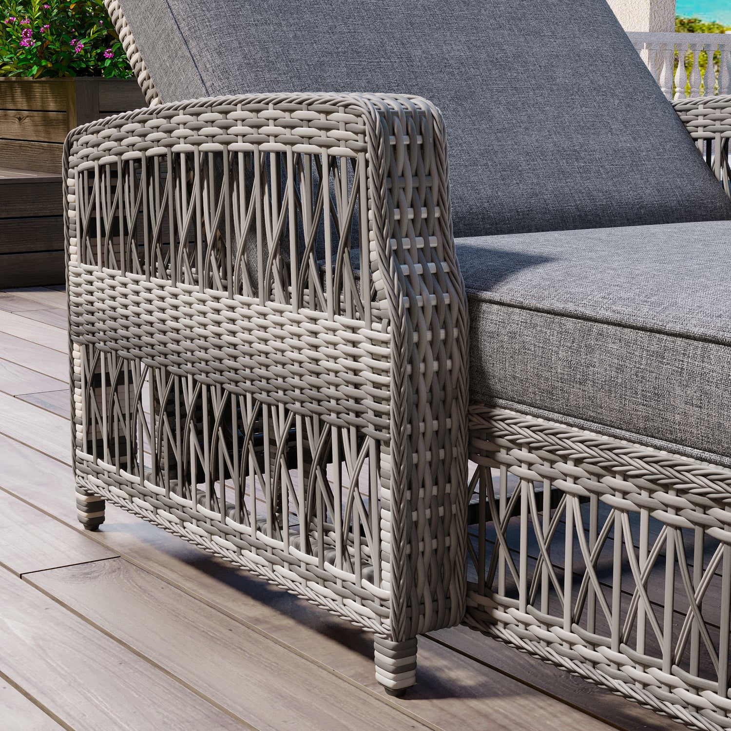 GO Outdoor Long Reclining Chaise, Wicker Lounge With Armrests, Patio Adjustable Recliner With Soft Removable Cushions, All Weather Rattan Pool Lounge For Poolside &amp; Garden, Gray