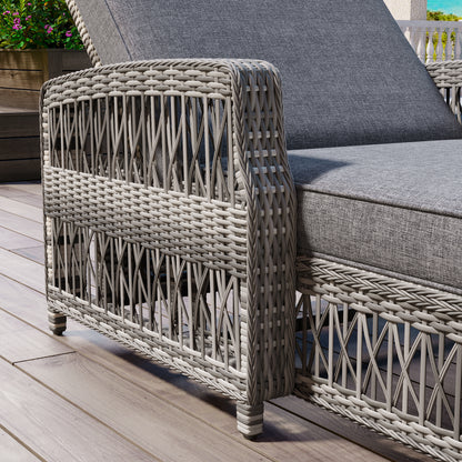 GO Outdoor Long Reclining Chaise, Wicker Lounge With Armrests, Patio Adjustable Recliner With Soft Removable Cushions, All Weather Rattan Pool Lounge For Poolside &amp; Garden, Gray