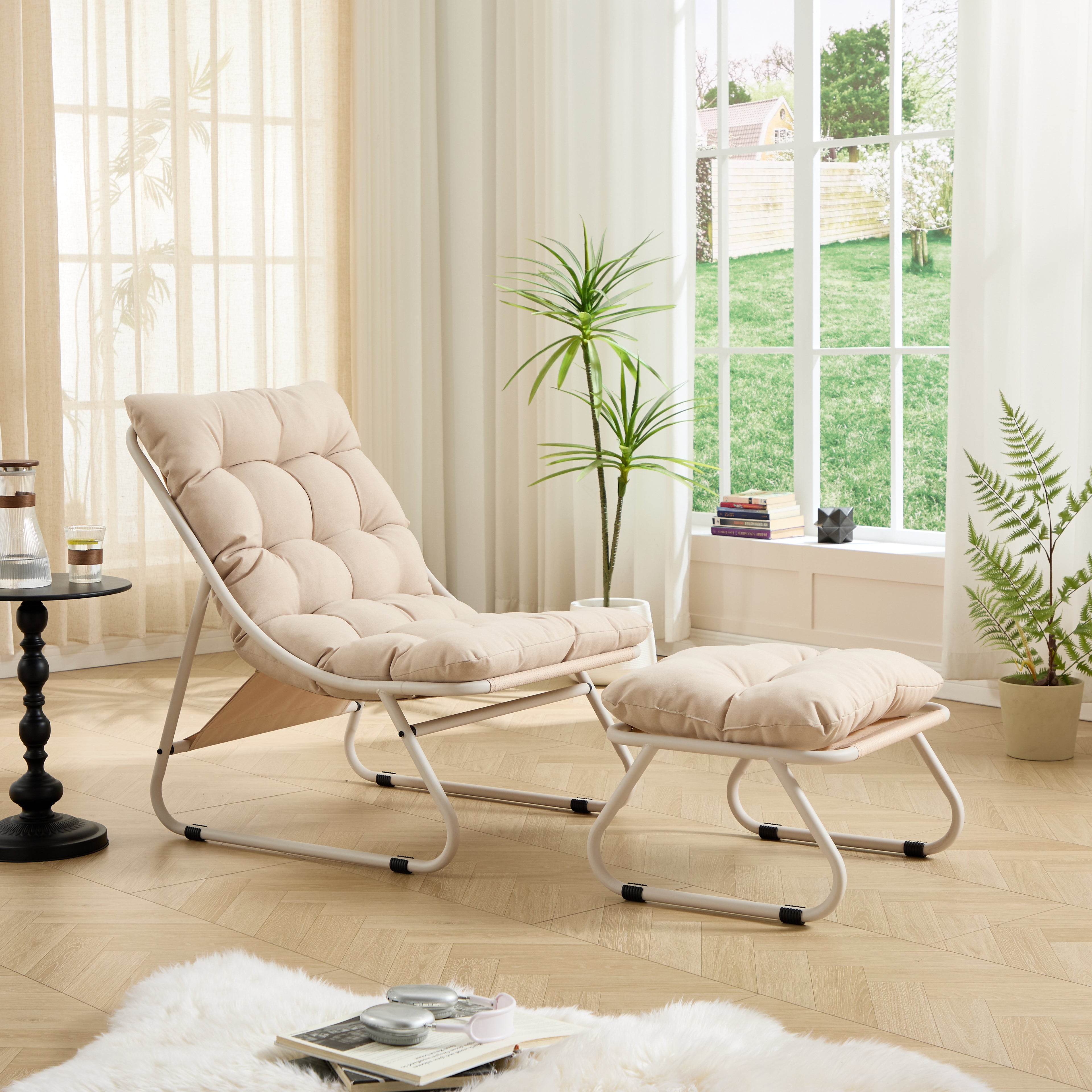 Patio Outdoor Lounge Chair With Ottoman, Comfy Sling Recliner Chair With Puffy Cushion And Foot Stool, Ideal For Living Room, Bedroom, Reading Room, Beige Frame With Beige Cushion