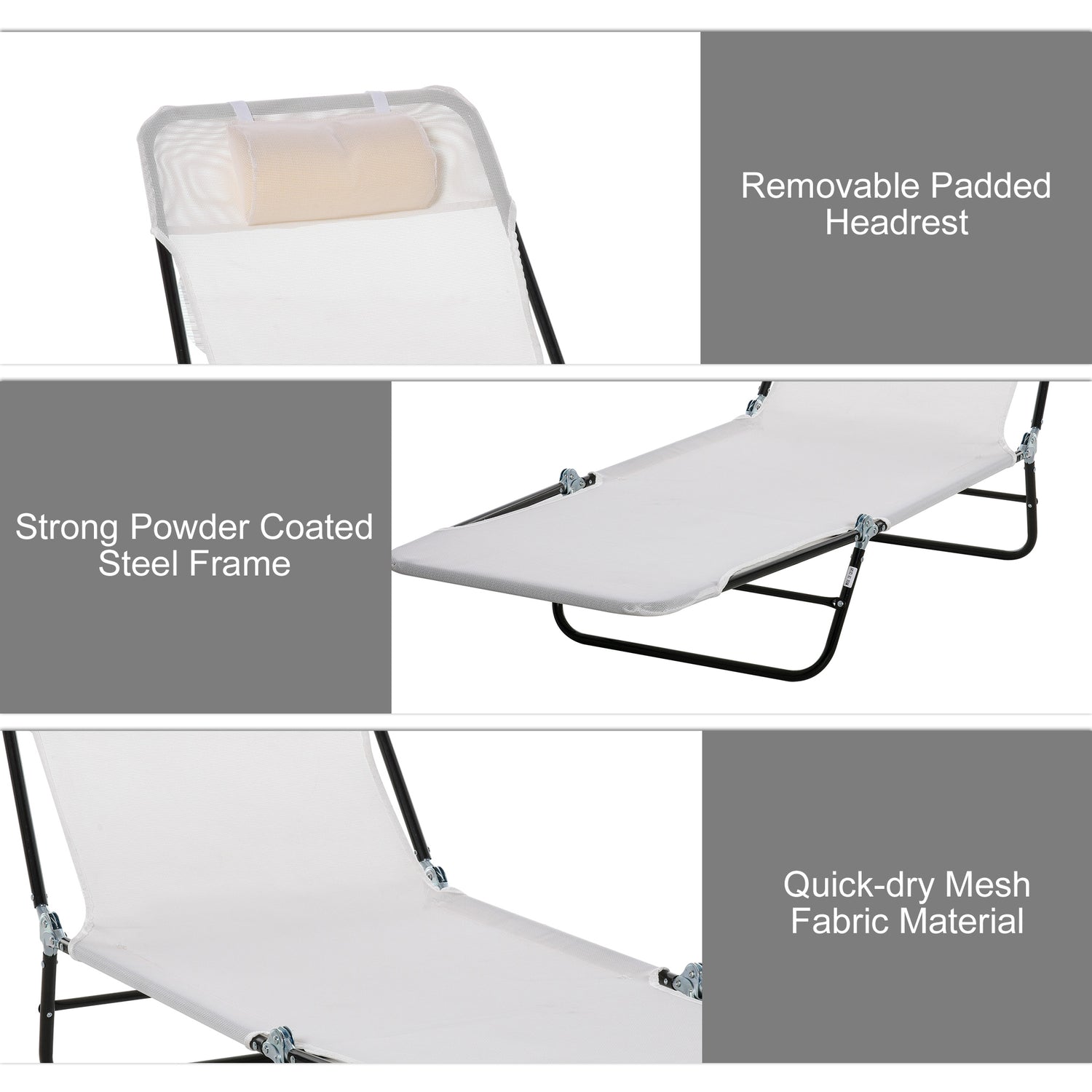 Folding Chaise Lounge Chair, Cream White, 5-Level Adjustable With Headrest, Breathable Mesh For Beach &amp; Patio
