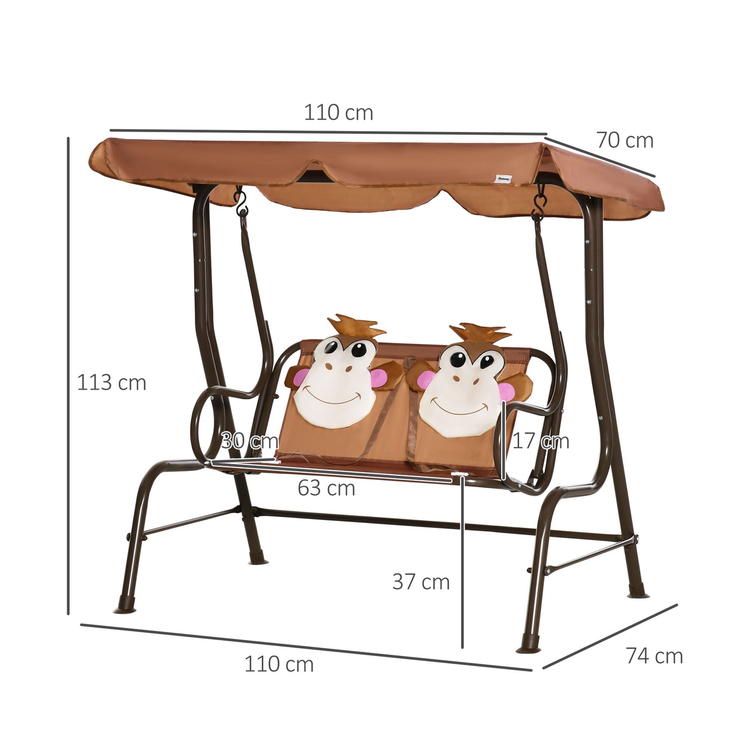2 Seater Kids Garden Swing Seat, Children Outdoor Patio Lounge Chair For Gardens W/ Adjustable Awning, Seatbelt, Monkey Pattern - Brown