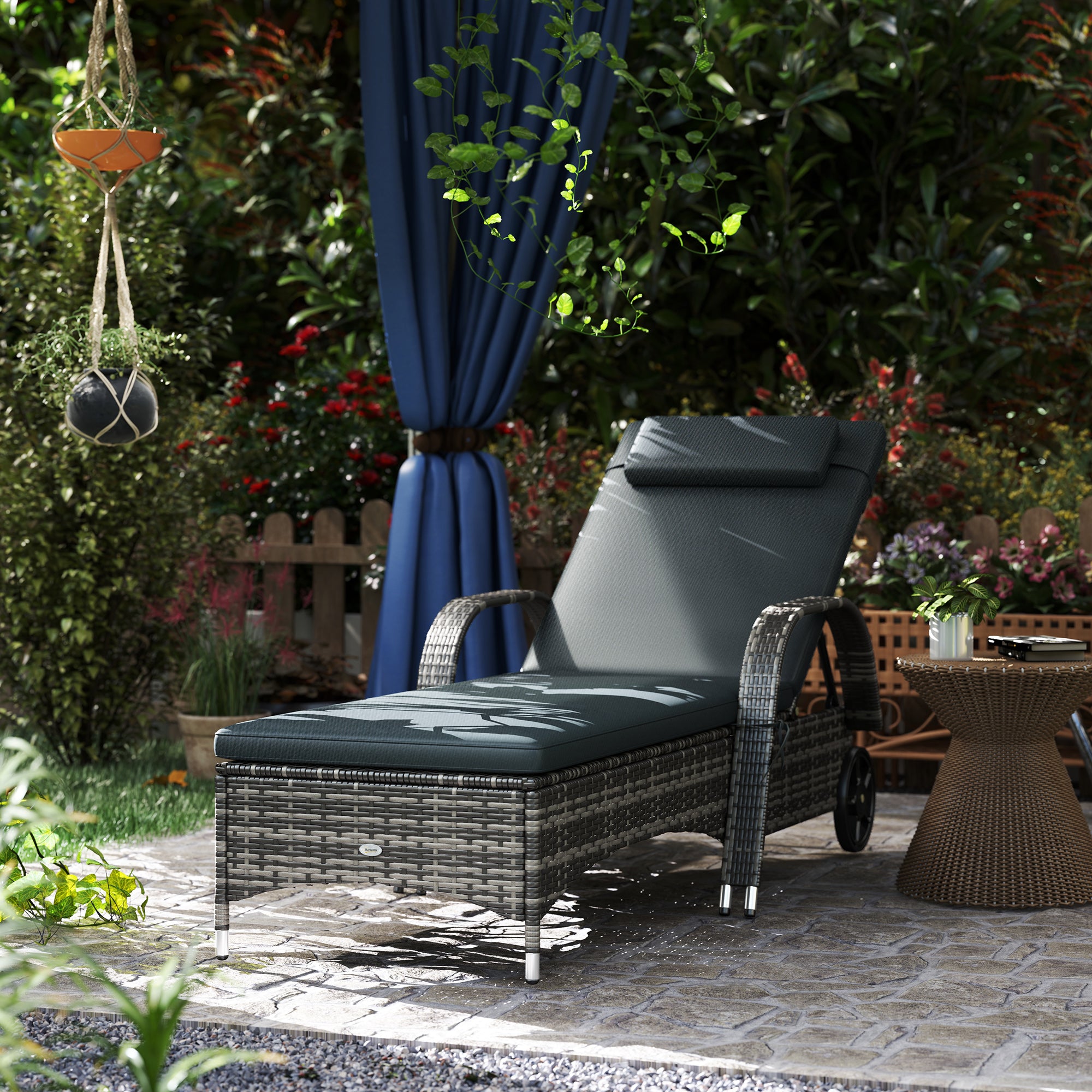 Outdoor Chaise Lounge, 5-Level Adjustable Backrest Rattan Pool Lounge Chair with Wheels, Cushion &amp; Headrest, Black