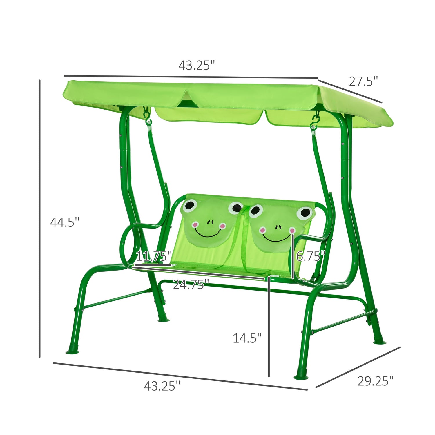 Porch Swing for Kids with Adjustable Canopy to Block Sun at Angles, Kids Swing Chair with Seatbelts, Frog Pattern, Gift for Kids Ages 3-6, Green