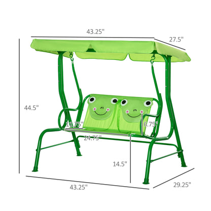 Porch Swing for Kids with Adjustable Canopy to Block Sun at Angles, Kids Swing Chair with Seatbelts, Frog Pattern, Gift for Kids Ages 3-6, Green