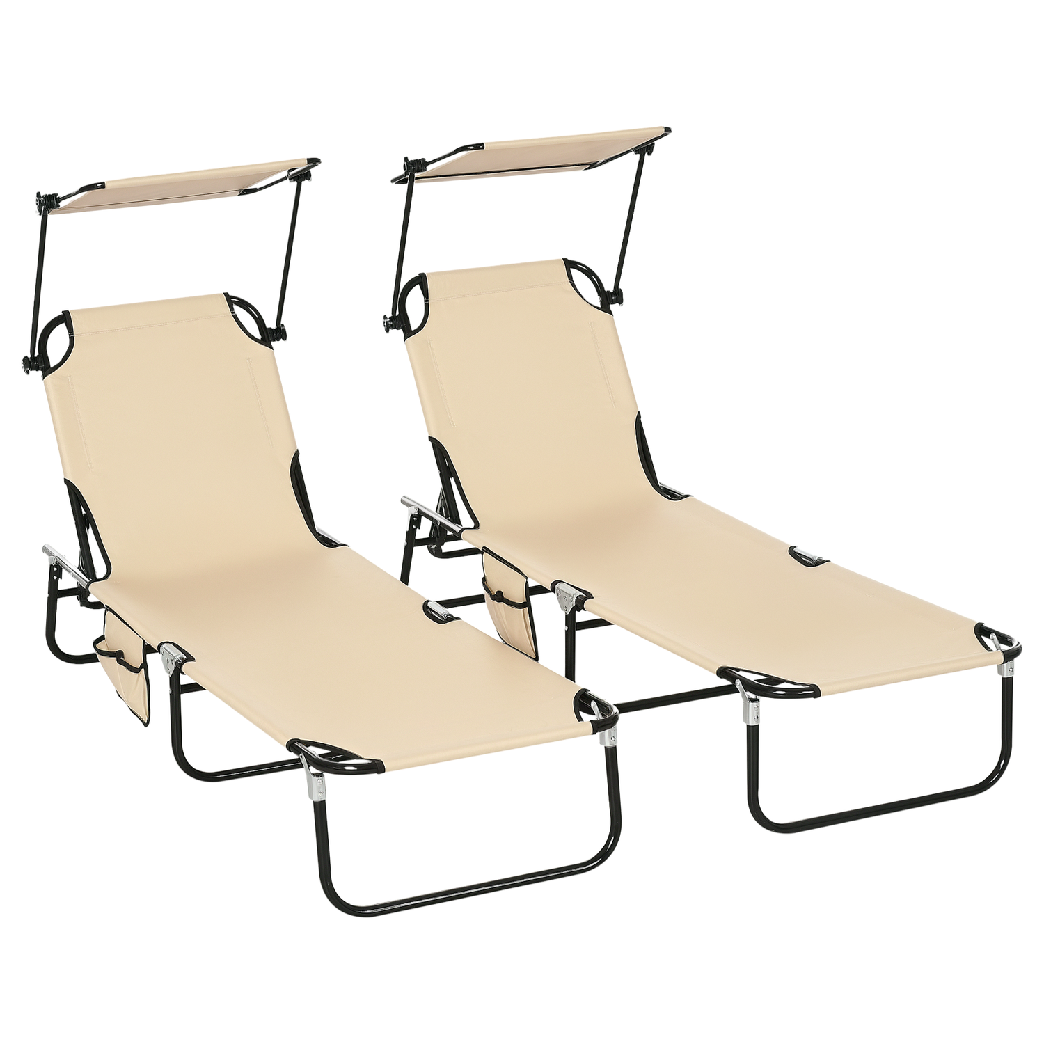 Folding Chaise Lounge Pool Lounge Chairs Set of 2, Outdoor Sun Tanning Chairs with Canopy Shade, Reclining Back, Steel Frame and Side Pocket for Beach, Yard, Patio, Tan