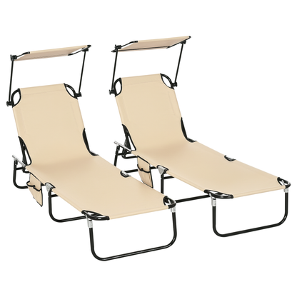 Folding Chaise Lounge Pool Lounge Chairs Set of 2, Outdoor Sun Tanning Chairs with Canopy Shade, Reclining Back, Steel Frame and Side Pocket for Beach, Yard, Patio, Tan