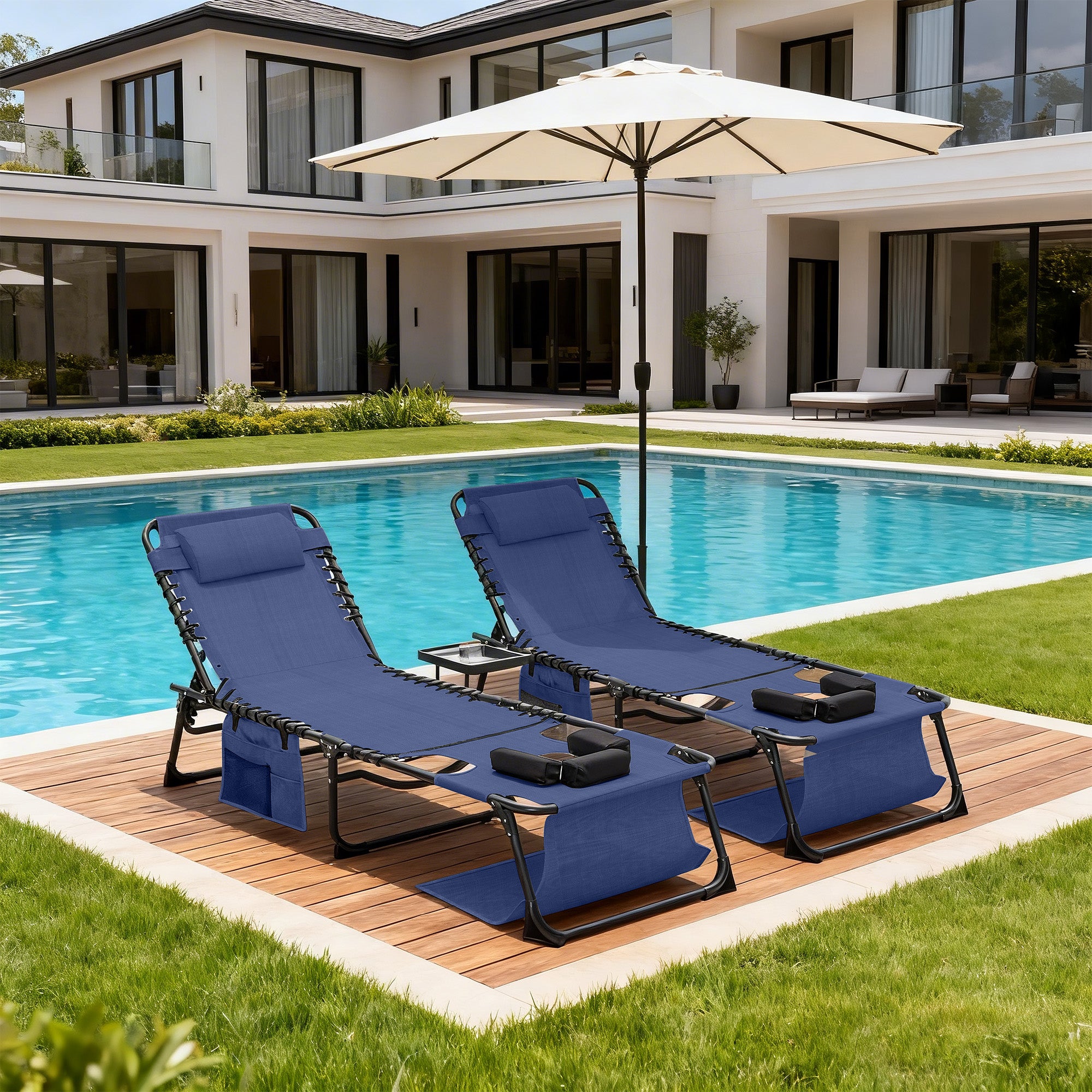 Face Down Chaise Lounge Chair 5-Position Adjustable Sunbathing, Foldable Tanning Chair With Face&amp; Arm Holes, Outdoor Recliner Chair For Pool, Beach, Patio, Lawn  Dark Blue, 2 Pcs