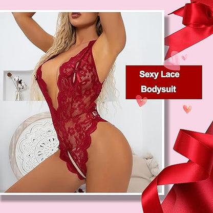 Sexy Lingerie For Women One Piece Bodysuit Deep V Lace Teddy Mini Babydoll Nightgown