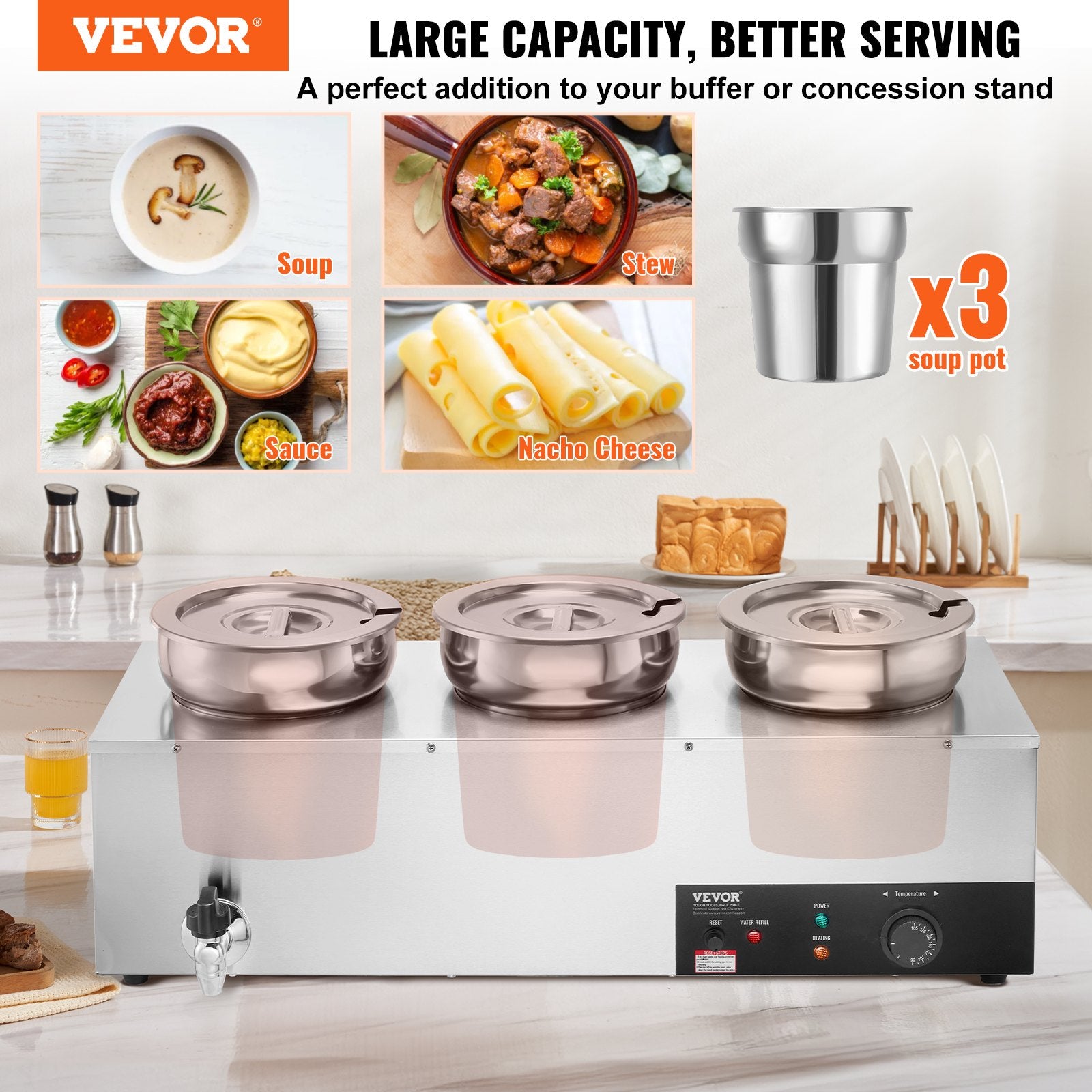 Electric Soup Warmer, Three 7.4QT Stainless Steel Round Pot 86~185°F Adjustable Temp, 1200W Commercial Bain Marie With Anti-dry Burn And Reset Button, Soup Station For Restaurant, Buffet, Silver