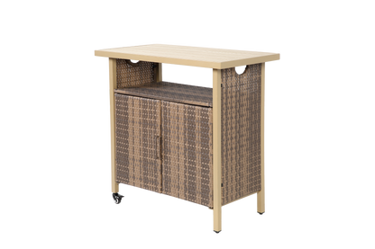 Outdoor Wicker Bar Cart, Patio Wine Serving Cart W Wheels , Rolling Rattan Beverage Bar Counter Table W Glass Top For Porch Backyard Garden Poolside Party, Beige