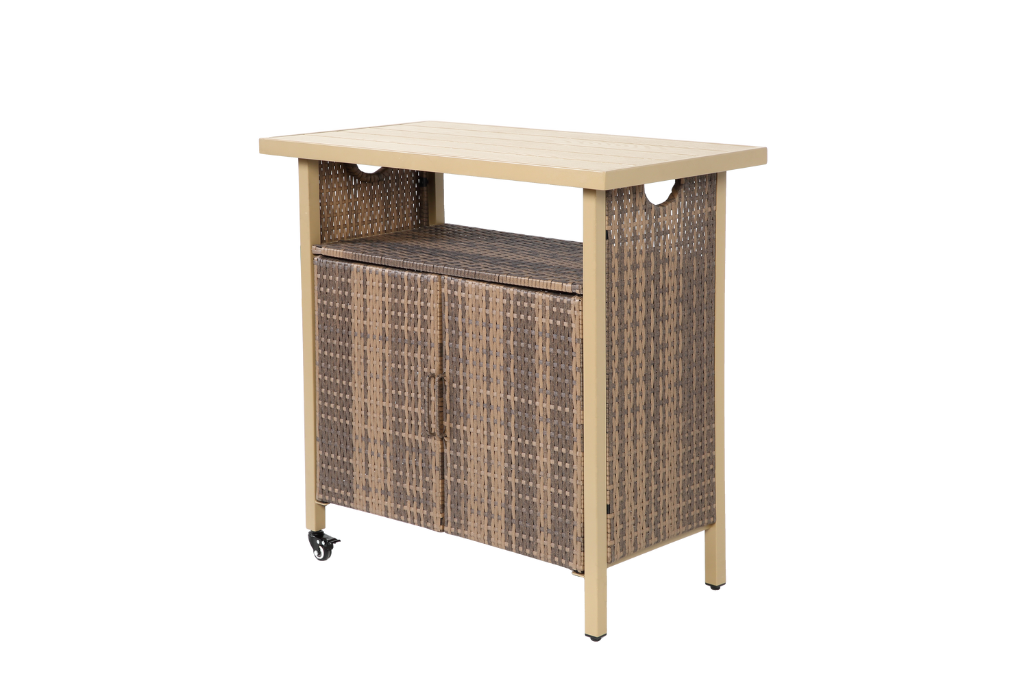 Outdoor Wicker Bar Cart, Patio Wine Serving Cart W  Wheels , Rolling Rattan Beverage Bar Counter Table W Glass Top For Porch Backyard Garden Poolside Party, Beige