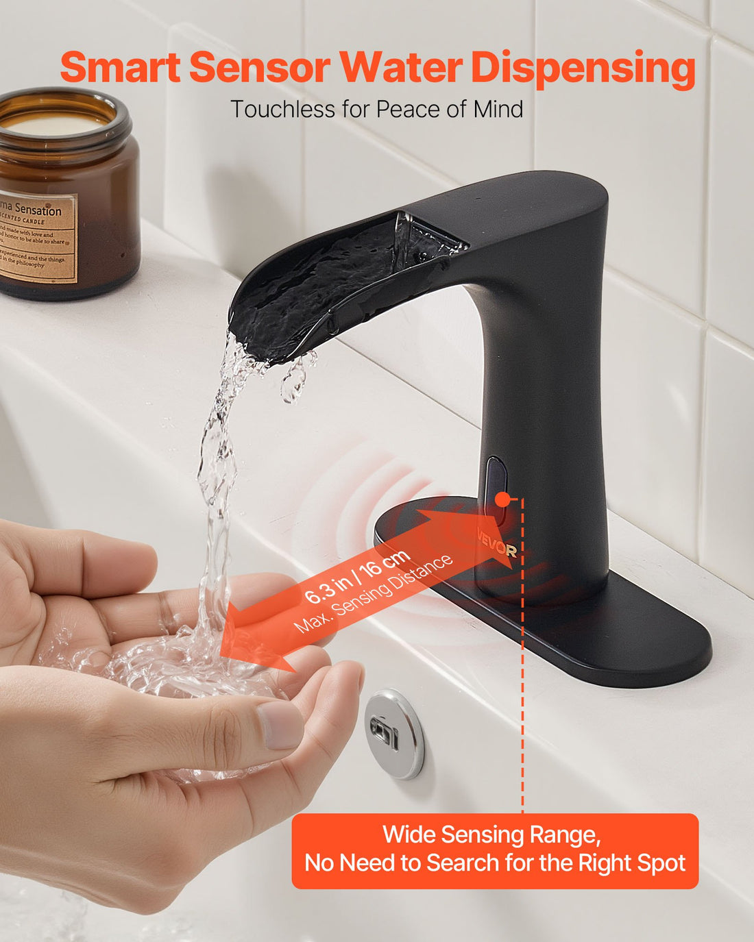 Touchless Bathroom Sink Faucet, Automatic Motion Sensor Waterfall Restroom Toilet Faucet With Hole Cover Plate, Modern Electronic Sensor Hot/Cold Water For 9/16 In Pipe Commercial,Matte Black
