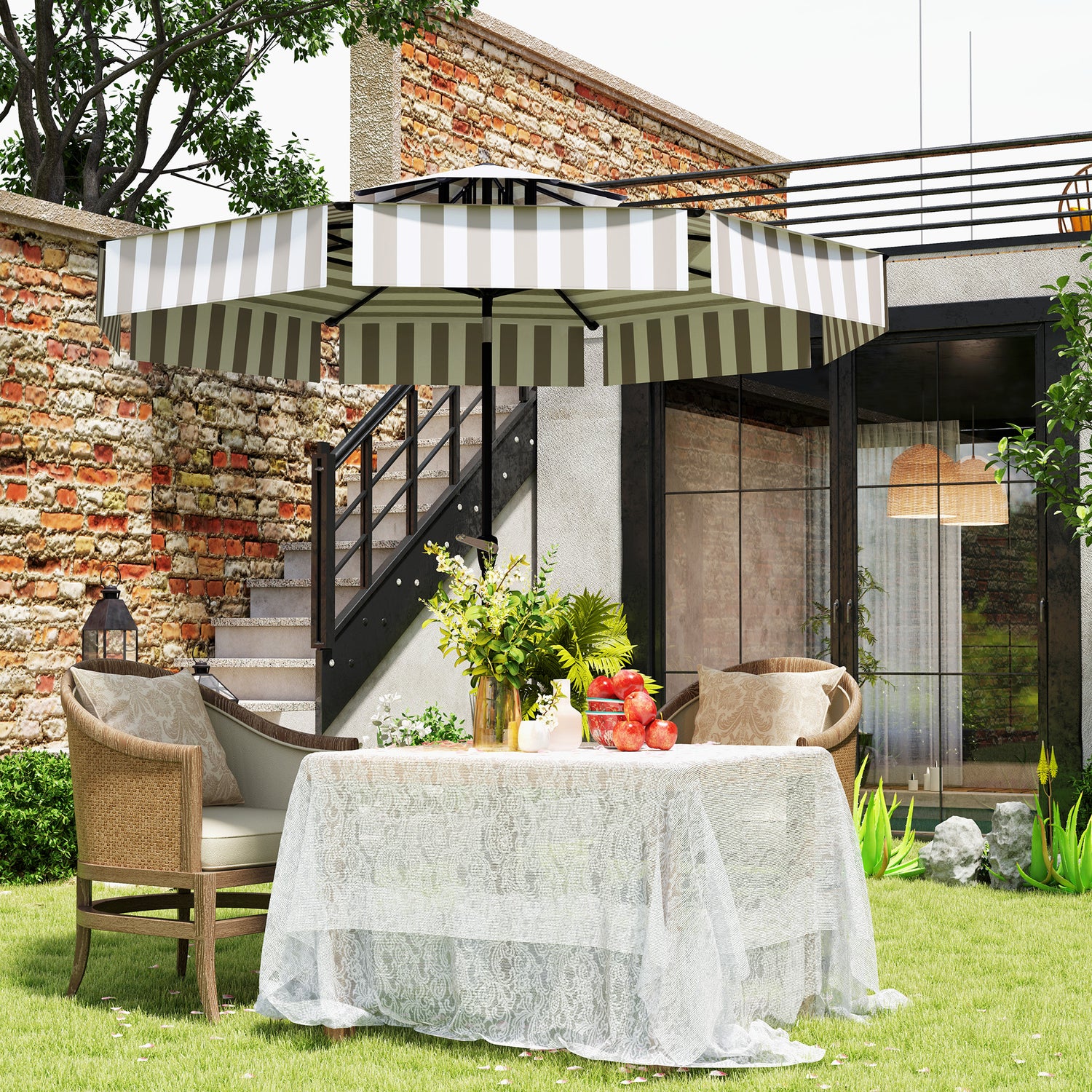 8.6FT Patio Umbrella, UPF 30+ Outdoor Market Umbrella, 2-Tier Vented Patio Table Umbrella With Crank 8 Ribs, Tiltable Porch Umbrella For Garden Deck Poolside, Light Gray