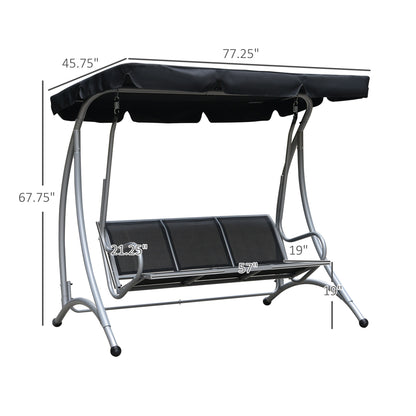 3-Seat Outdoor Porch Swing Chair, Patio Swing Glider with Adjustable Canopy, Breathable Seat, and Steel Frame for Garden, Poolside, Backyard, Black