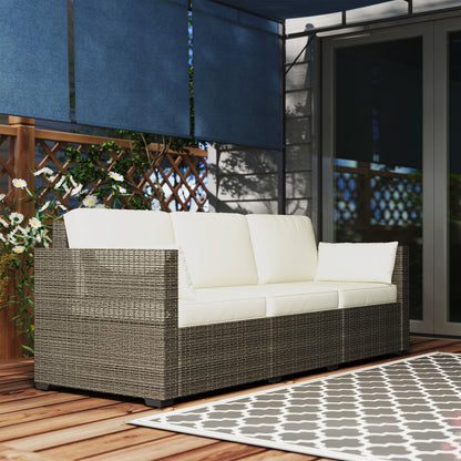 Patio Couch PE Wicker Deep Seating Outdoor Sofa with Removable Cushions, 3 Seater Rattan Sofa, Outdoor Furniture for Balcony, Deck, Garden and Poolside, Cream White