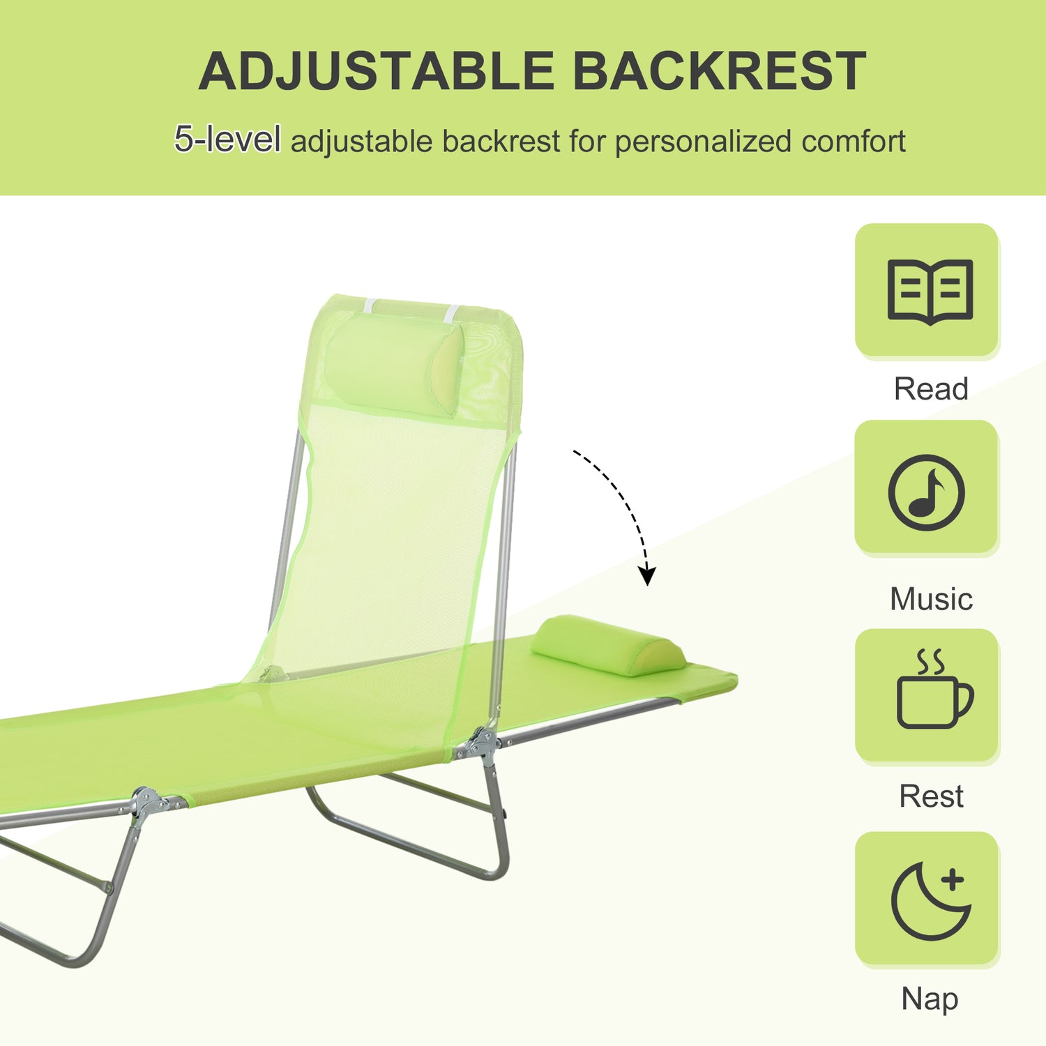 Folding Chaise Lounge Pool Chairs, Outdoor Sun Tanning Chairs with Pillow, Reclining Back, Steel Frame &amp; Breathable Mesh for Beach, Yard, Patio,  Green