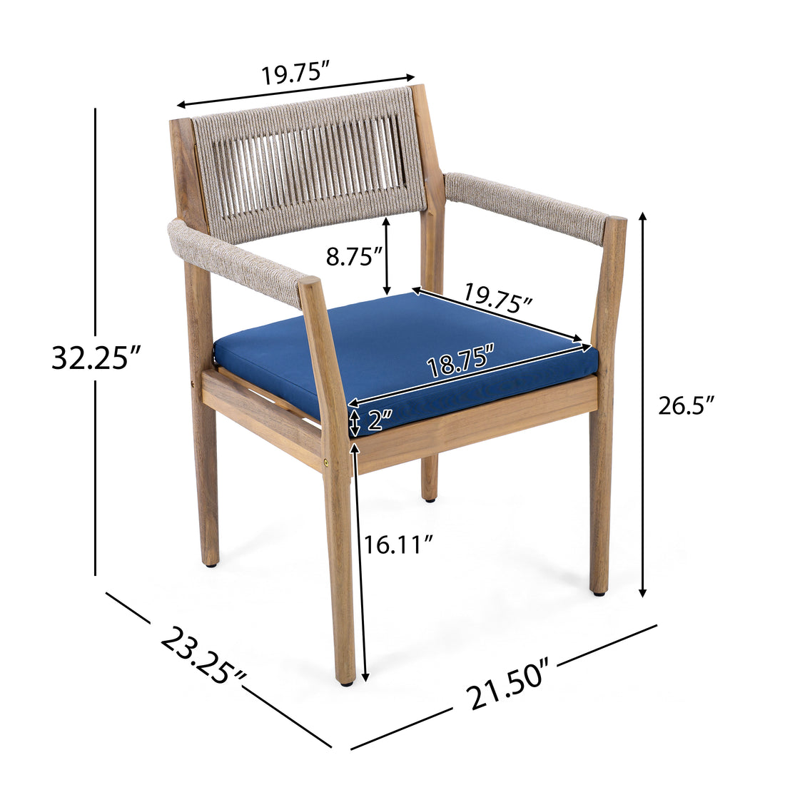 Braided Acacia Wood Outdoor Dining Chairs Set Of 4 -Teak Look With Beige Rope &amp; Navy  Cushions,All-Weather Patio Furniture For Garden, Poolside, And Backyard  Durable &amp; Stylish