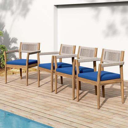 Braided Acacia Wood Outdoor Dining Chairs Set Of 4 -Teak Look With Beige Rope &amp; Navy  Cushions,All-Weather Patio Furniture For Garden, Poolside, And Backyard  Durable &amp; Stylish