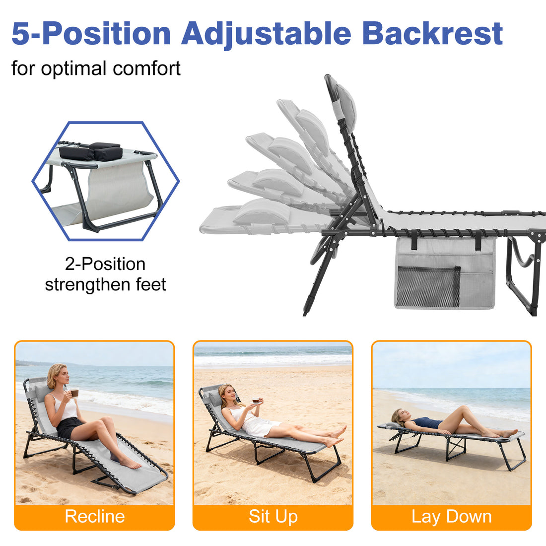 Face Down Chaise Lounge Chair 5-Position Adjustable Sunbathing, Foldable Tanning Chair With Face&amp; Arm Holes, Outdoor Recliner Chair For Pool, Beach, Patio, Lawn  Gray, 2 Pcs