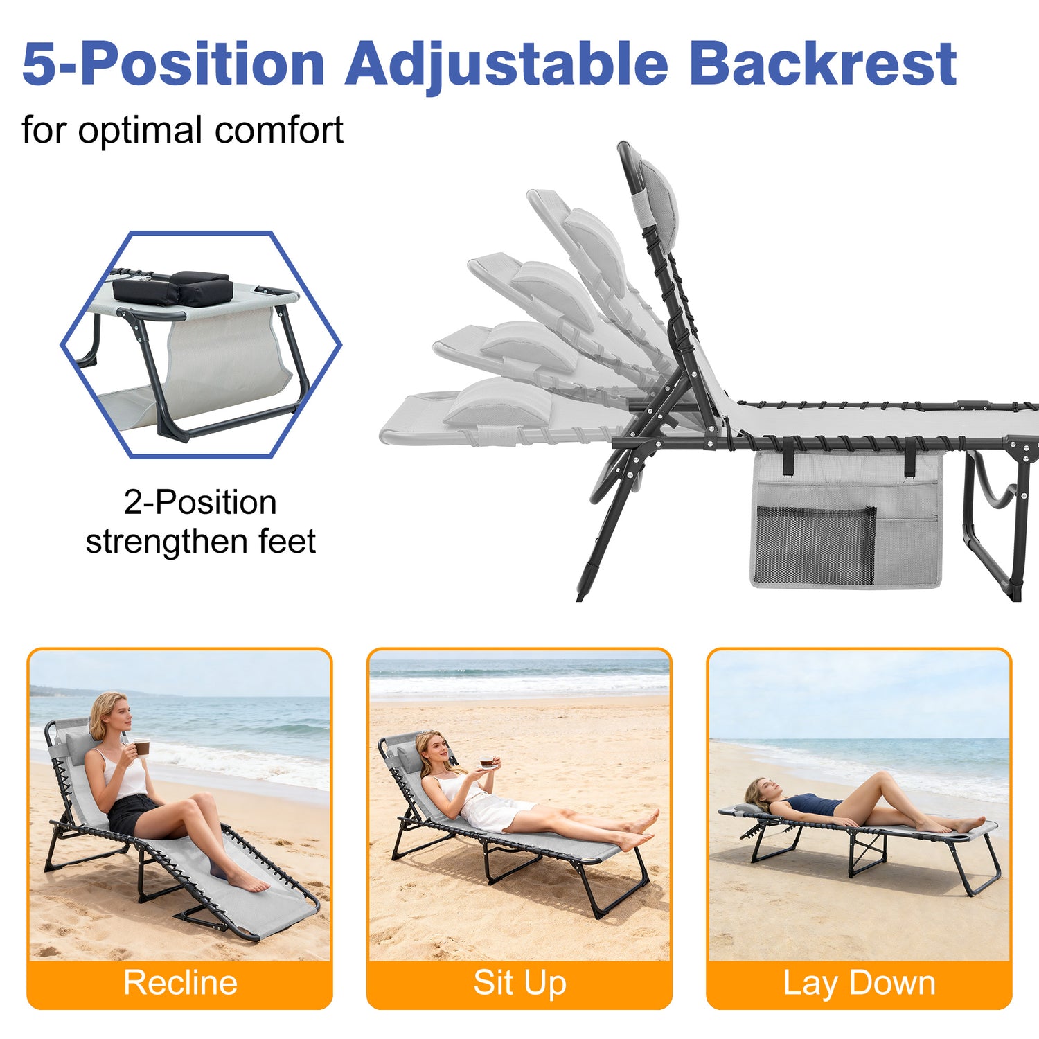 Face Down Chaise Lounge Chair 5-Position Adjustable Sunbathing, Foldable Tanning Chair With Face&amp; Arm Holes, Outdoor Recliner Chair For Pool, Beach, Patio, Lawn  Gray, 2 Pcs