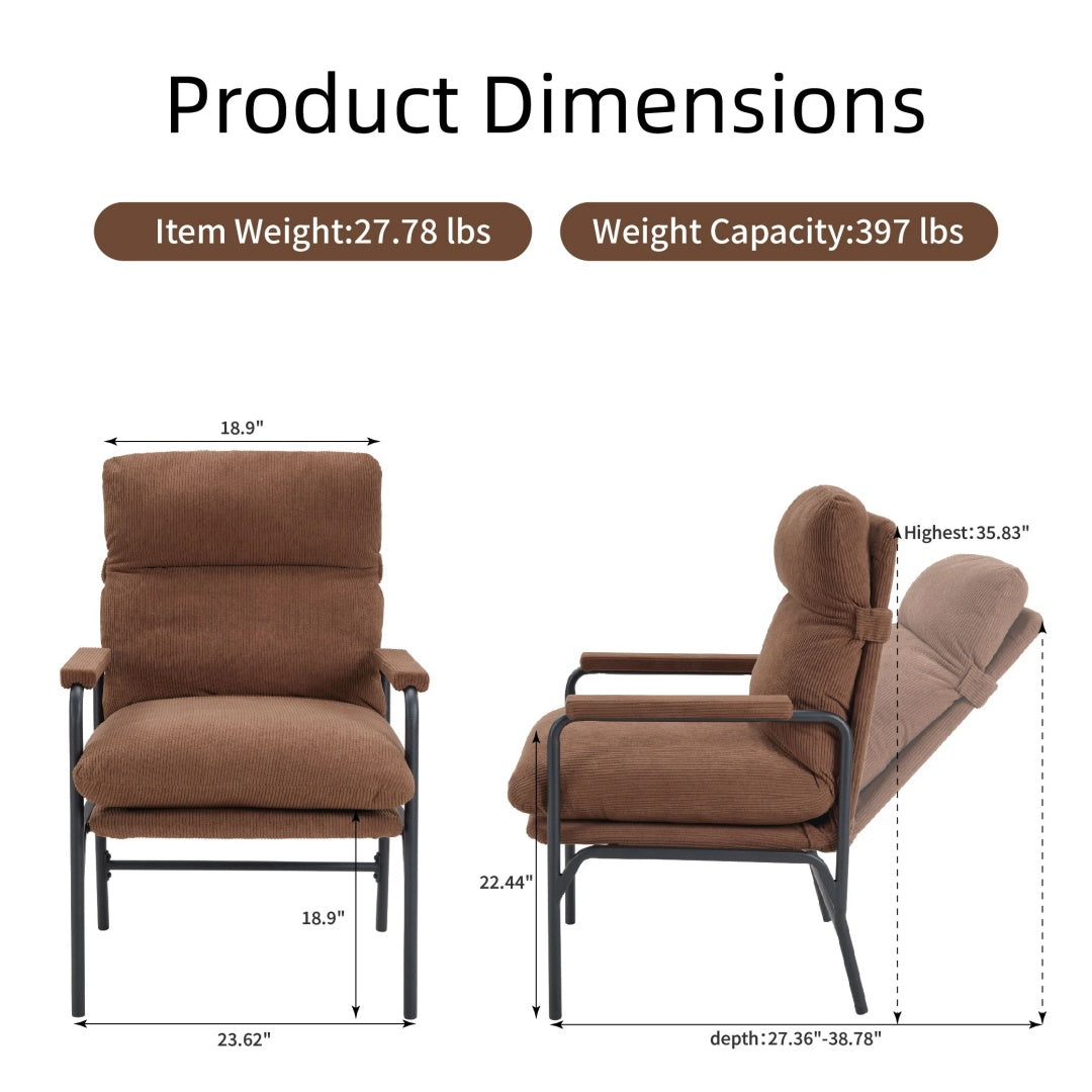 Modern Accent Chair, Reclining Chair With Adjustable Backrest, Corduroy Chair With Metal Frame, Reading Chair, Comfy Lounge Chair For Living Room, Bedroom, Office, Brown