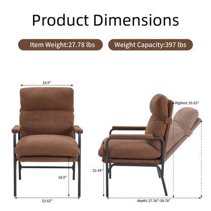 Modern Accent Chair, Reclining Chair With Adjustable Backrest, Corduroy Chair With Metal Frame, Reading Chair, Comfy Lounge Chair For Living Room, Bedroom, Office, Brown