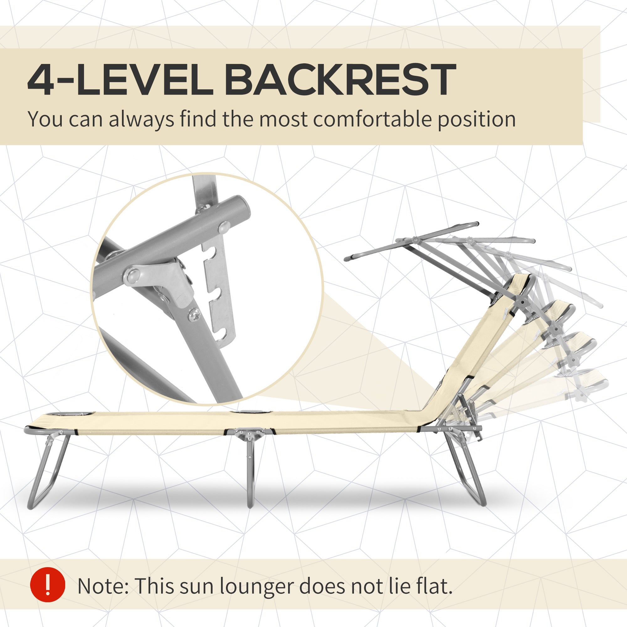 Outdoor Foldable Sun Lounger, 4 Level Adjustable Backrest Reclining Sun Lounger Chair With Angle Adjust Sun Shade Awning For Beach, Garden, Patio, Beige