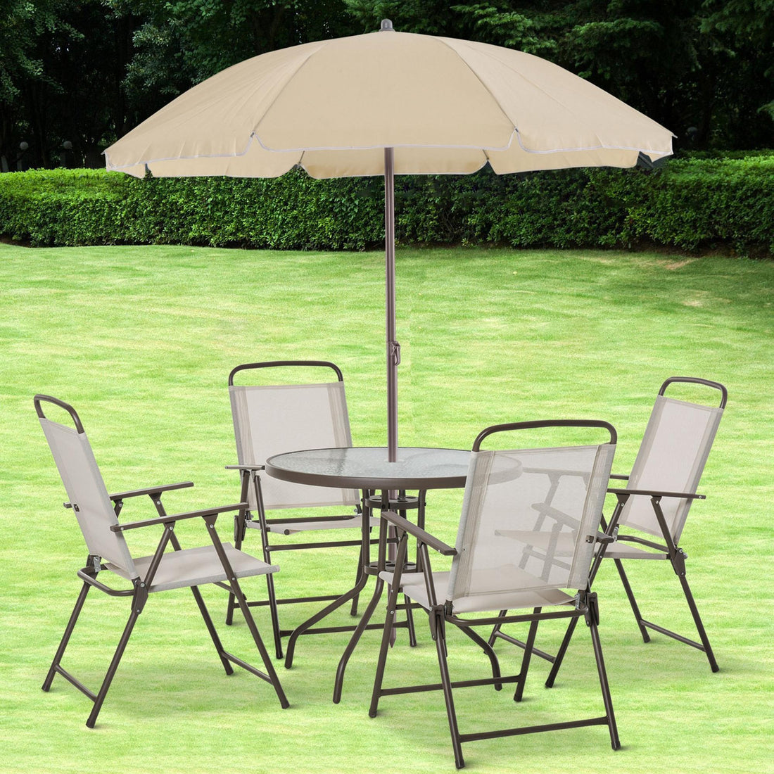6 Piece Patio Dining Set for 4 with Umbrella, Outdoor Table and Chairs with 4 Folding Dining Chairs &amp; Round Glass Table for Garden, Backyard and Poolside, Beige