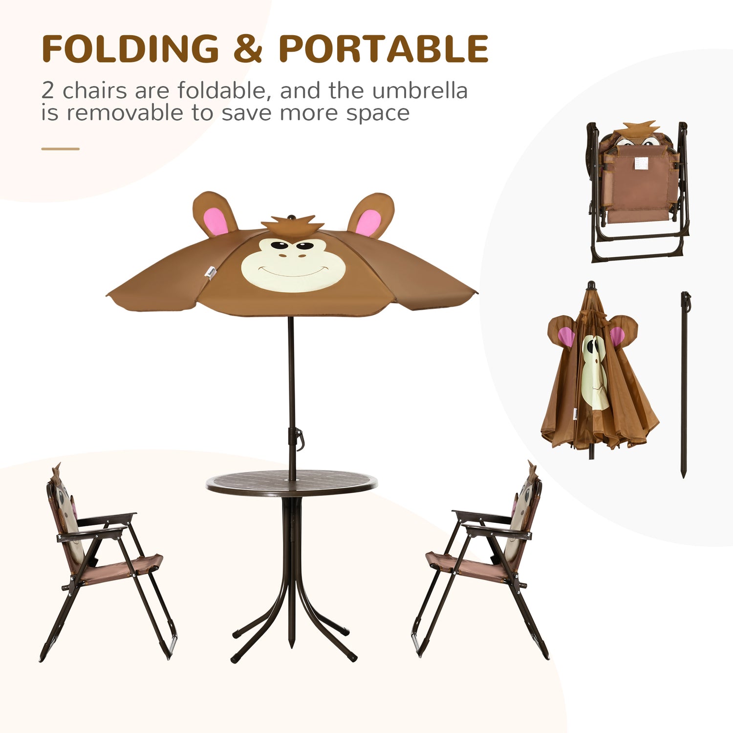 Kids Table and Chair Set, Outdoor Folding Garden Furniture, Picnic Table for Patio Backyard, with Removable &amp; Height Adjustable Sun Umbrella, Aged 3-6 Years Old, Brown